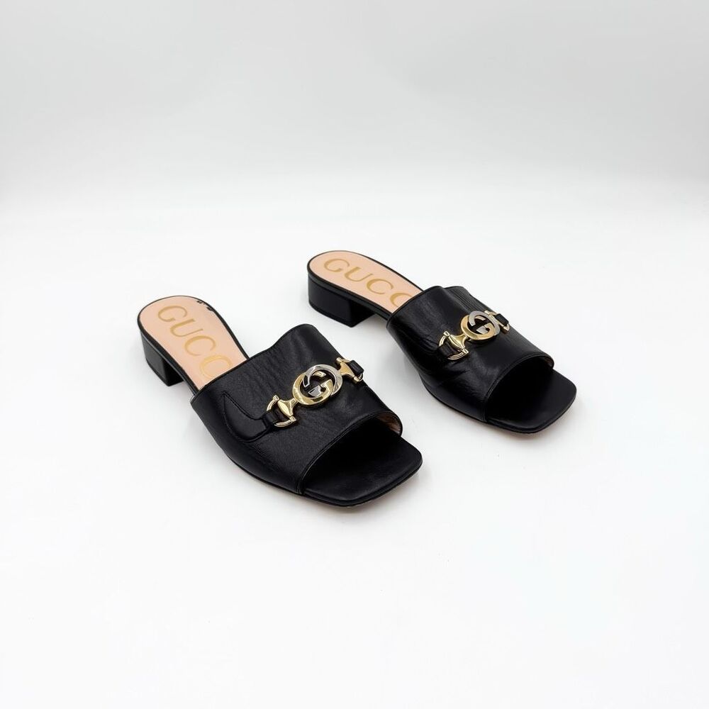 Gucci Zumi GG Horsebit Slide Sandals Black Mules EU 37.5 US 7.5
